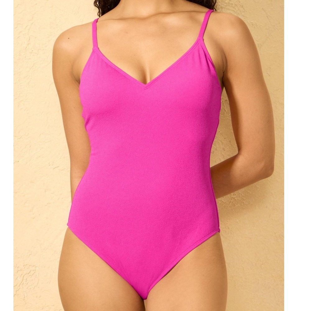 Shade & Shore Women's Pink Micro Crinkle V Neck One Piece Swimsuit Large